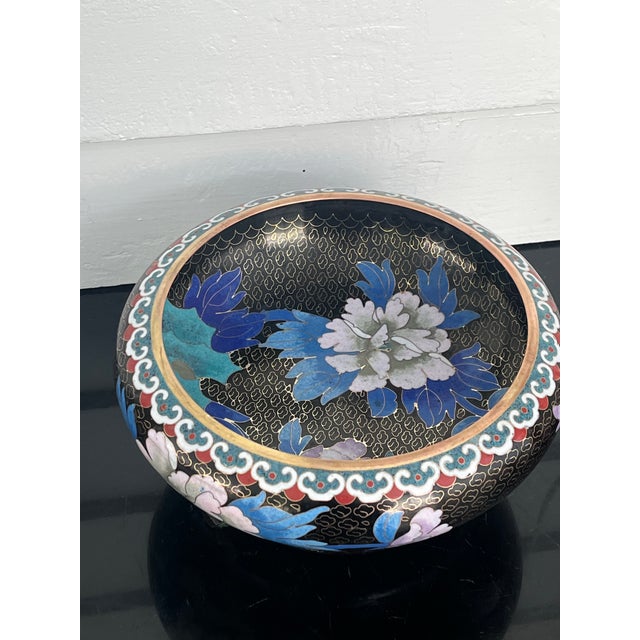 Chinese Cloisonné Black Enamel Bowl, Flowers and Birds, 8” With Stand For Sale - Image 4 of 12