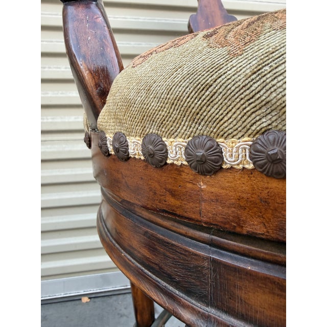 Traditional Maitland Smith Style Swivel Bar Stools - Carved Wood, Upholstered Seats, Priced to Sell For Sale - Image 3 of 11