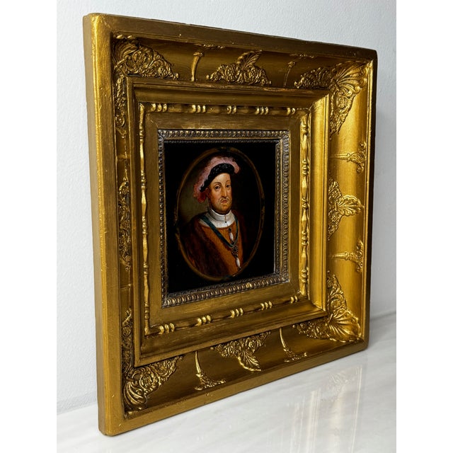 Beige Antique English Portrait King Henry VIII Wearing the Badge of the Order of the Garter After Hans Holbein – Oil Painting on Panel, Circa 1750 For Sale - Image 8 of 9