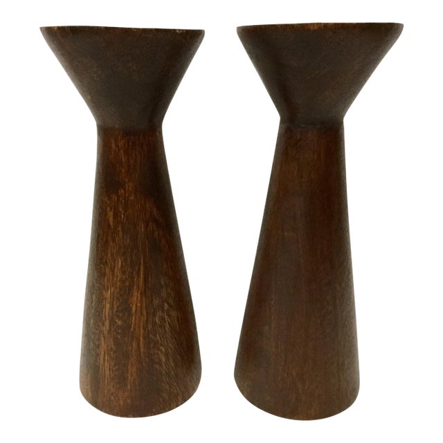 1950s Boho Chic Solid Wood Candle Holders - a Pair For Sale