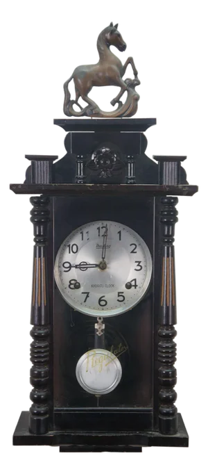 Mid 20th Century Mastery Kyoritu Mahogany Copper Horse Equestrian Regulator Wall Clock 27"