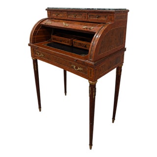 Vintage Louis XVI Solid Wood Cylinder Desk With Rich Mahogany Finish and Green Marble Top For Sale