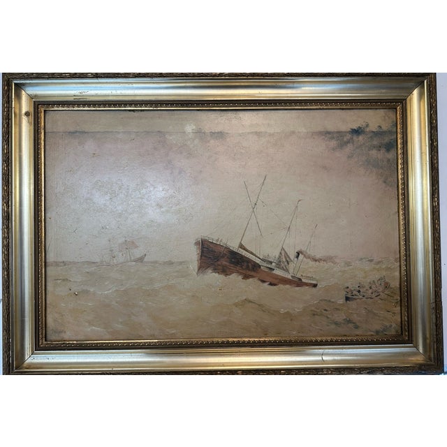 Naval Shipwreck, 1900, Oil Painting on Cardboard For Sale - Image 6 of 12