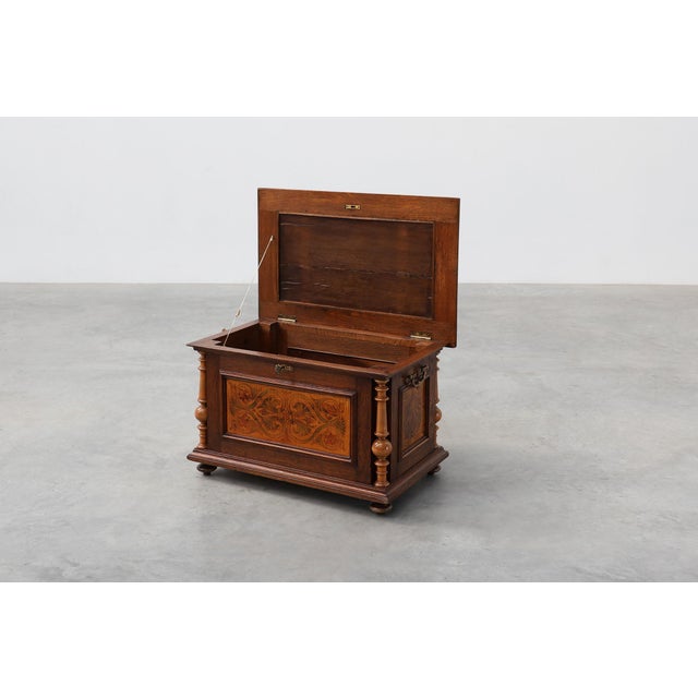 Neo-Renaissance Walnut Chest with Inlaid Front Panel and Turned Columns, Belgium, 1880s For Sale - Image 3 of 15