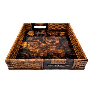 Palecek Inlaid Penshell Square Rattan Tray – Tortoise Shell Look Serving or Coffee Table Tray For Sale