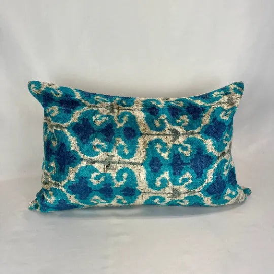 2010s Turkish Modern Blue Velvet Silk Ikat Pillow Cover For Sale - Image 5 of 5