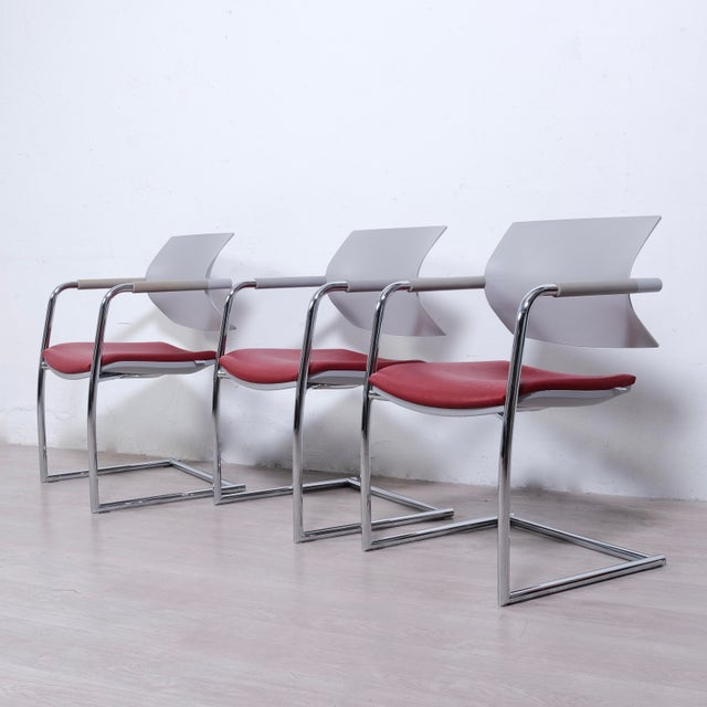 Air Jr Luxy Waiting Chairs in Gray and Burgundy Chrome Legs, Italy, Set of 3 For Sale - Image 11 of 18