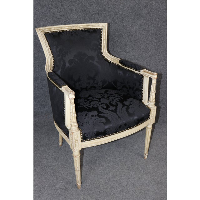 Wood Pair Attributed Maison Jansen French Louis XVI Style Distressed Painted Bergeres For Sale - Image 7 of 13