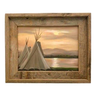 Painting Teepee by Sunset Oil on Canvas Signed Elaine Rhoades Vintage Native Art For Sale