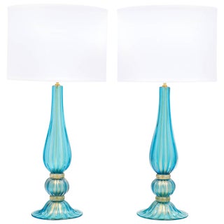 Murano Glass Gold-Flecked Turquoise Lamps - a Pair For Sale