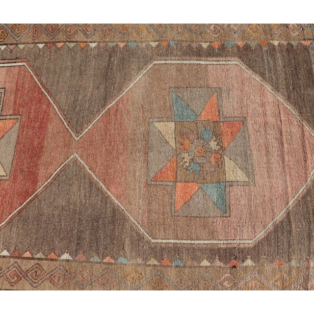 Vintage Turkish Kars Gallery Runner With Muted Red, Taupe, and Soft Teal For Sale - Image 4 of 12