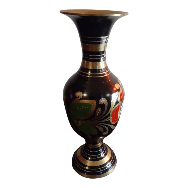 1980s Handpainted & Enameled Brass Vase For Sale