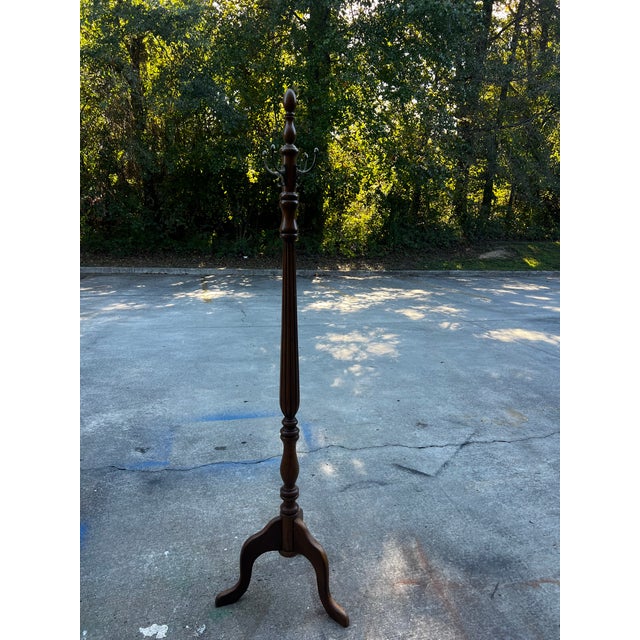 Vintage MCM Tall Wooden Coat Rack With Brass Hooks For Sale - Image 9 of 12