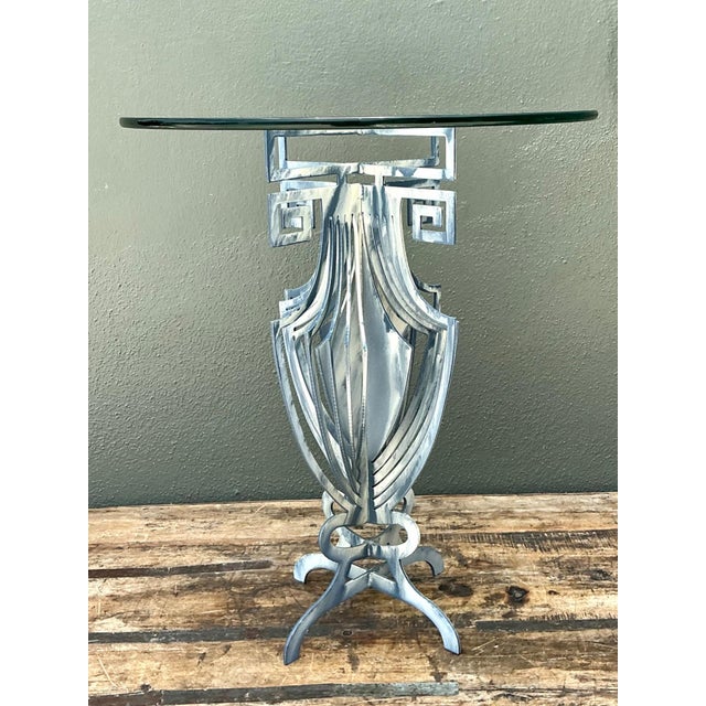 Vintage Greek Key Motif Metal and Glass Drinks Table For Sale - Image 9 of 12
