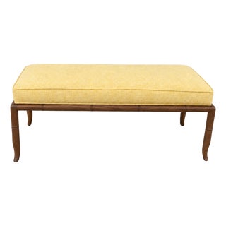 Mid Century Modern Walnut Bench Yellow Chenille For Sale