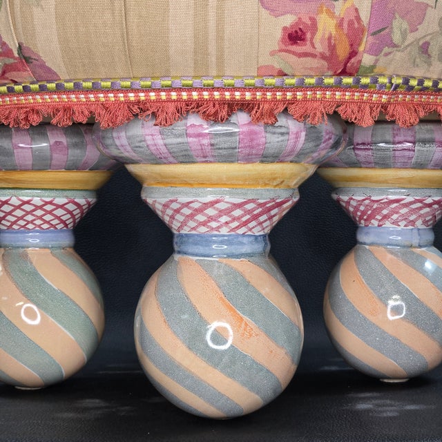 1990s 1990s Mackenzie Childs Rose Floral Upholstered Footstool or Ottoman, Ceramic Feet For Sale - Image 5 of 14