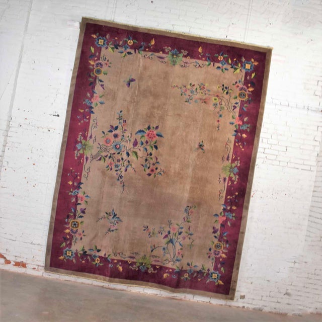 Handsome vintage wool 8’8” x 11’4.5” handmade Chinese Art Deco rug in a gorgeous soft taupe ground with a cranberry or...