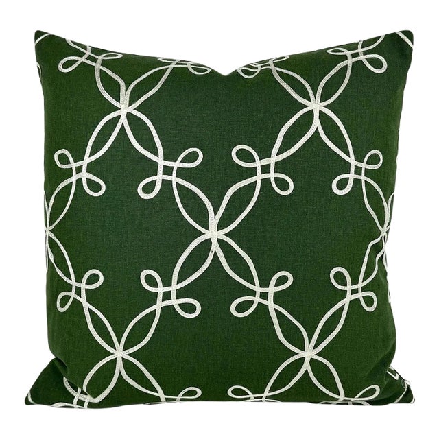 Carole Fabric Precise in True Green Pillow Cover - Forest Green With White Embroidered Trellis Pattern Cushion Case For Sale