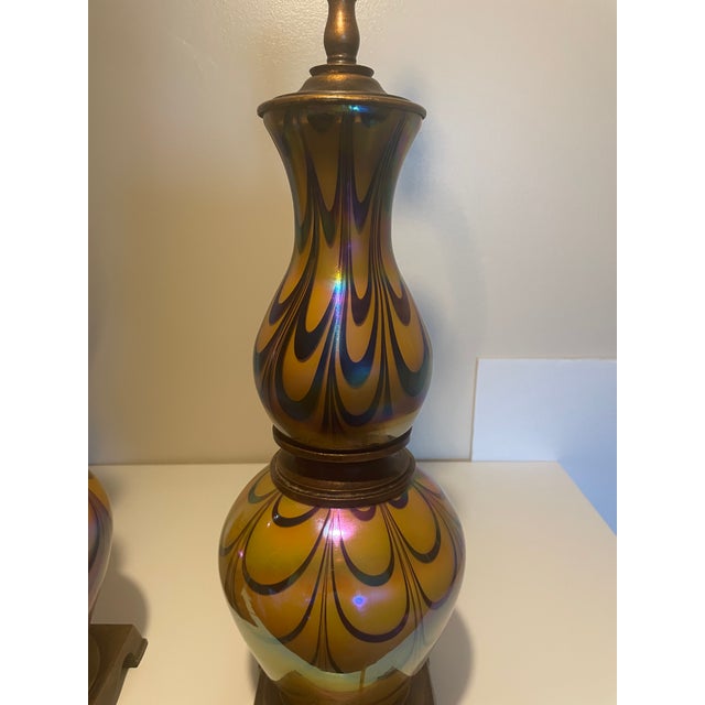 Vintage Iridescent Art Glass Table Lamps-Murano Style Amber Feather Patten - A Pair For Sale - Image 17 of 17