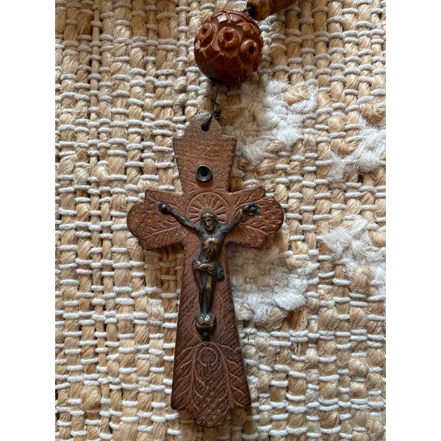 1950s Vintage Large 50 Inch French Roseary Carved Corozo Beads Wooden Cross For Sale - Image 5 of 9
