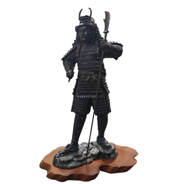 Japanese Samurai Bronze Tone Warrior Sculpture on Custom Wood Base 18" For Sale - Image 4 of 15