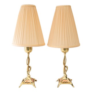 Jugendstil Brass Table Lamps with Fabric Shades, Vienna, Austria, 1908, Set of 2 For Sale