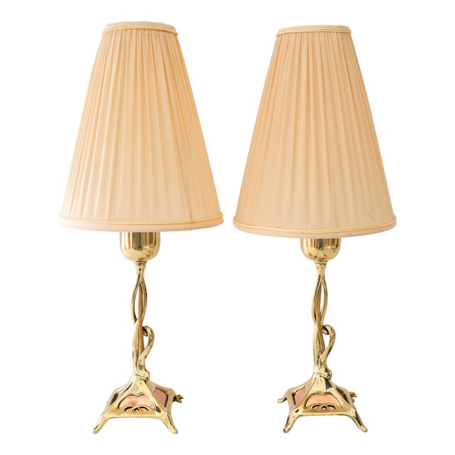 Jugendstil Brass Table Lamps with Fabric Shades, Vienna, Austria, 1908, Set of 2 For Sale