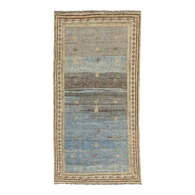 3x7 Modern Hand-Knotted Gabbeh Wool Rug - Blue & Slate Grey Minimalist Tribal For Sale