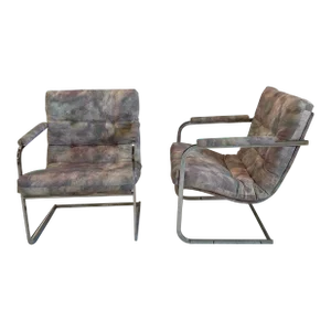 Vintage Milo Baughman Style Chrome Cantilevered Club Chairs - a Pair
