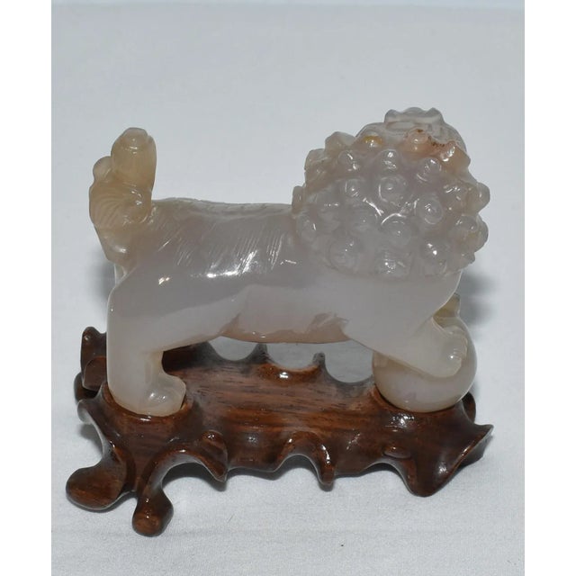 Vintage Chinese Carved Nephrite Jade Foo Dog Guardian Lion on Base Small Lion Dog For Sale In Dallas - Image 6 of 10