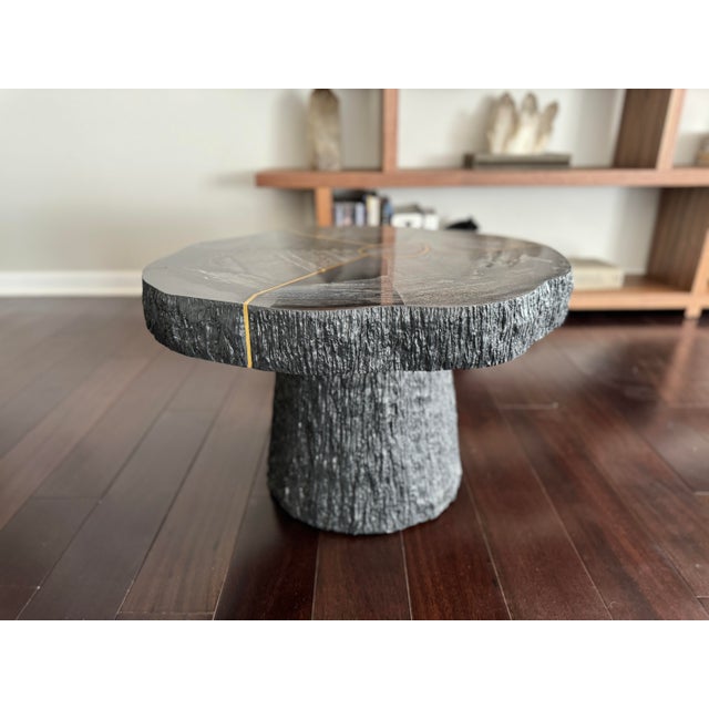 Sculptural Modern Organic Black Wood Sune Small Coffee Table or Side Table by Made Goods With Golden Brass Line Inlay For Sale - Image 11 of 12