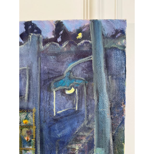 Blue Moody Maximalist European Cityscape Still Life Oil Painting on Canvas For Sale - Image 8 of 14