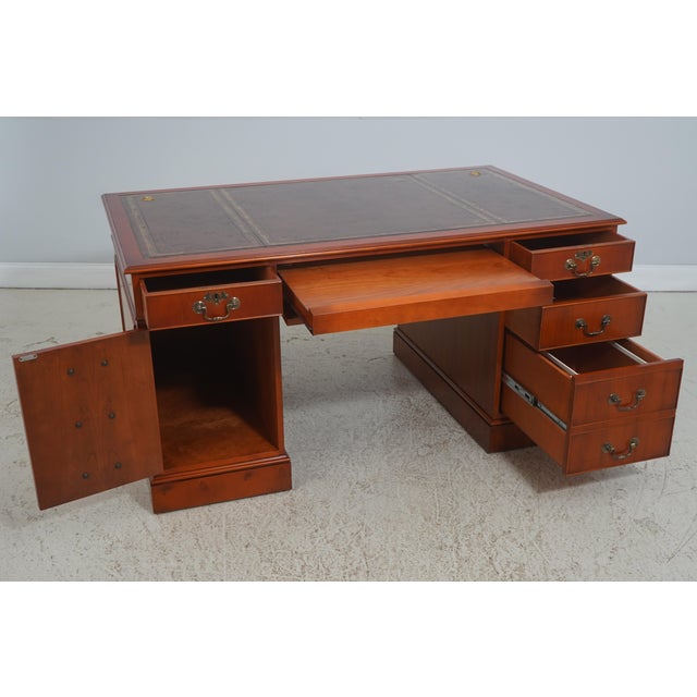 English English Yew Wood Brown Leather Top 3 Part Desk For Sale - Image 3 of 18