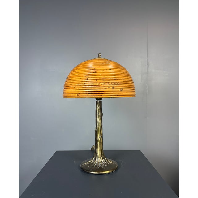 Mid-Century Pencil Reed Rattan Bamboo and Brass Table Lamp, 1970s For Sale - Image 6 of 17