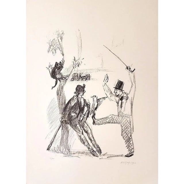Image dimensions: 50 x 35 cm. B/w lithograph on ivory colored paper, representing a street artist performing. Numbered,...
