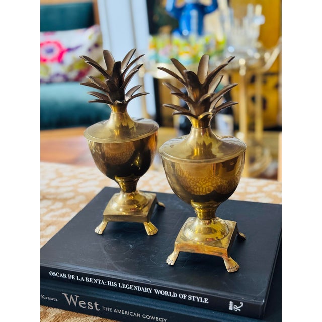 Metal Vintage Mid Century Pair of Brass Pineapple Urns For Sale - Image 7 of 7
