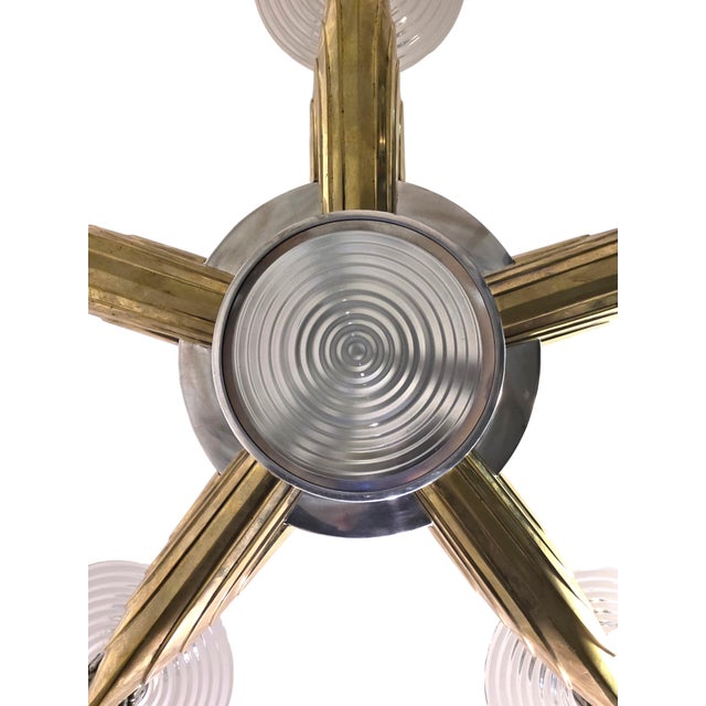 Early 20th Century Petitot Signed Bronze, Nickel, Aluminum, Glass Five Arm Skyscraper Chandelier For Sale In New York - Image 6 of 18