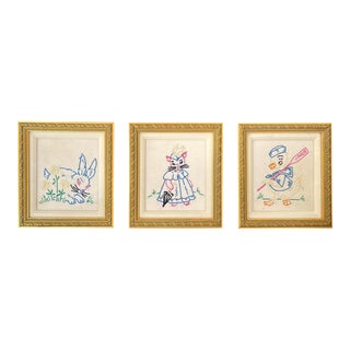 1930s Sweet Hand Embroidered Framed Baby Animals - Set of 3 For Sale
