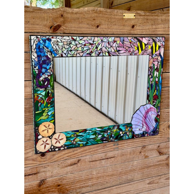 Vintage Handmade Coastal Mosaic Wall Mirror With Seahorse & Seashell Motif For Sale - Image 12 of 12