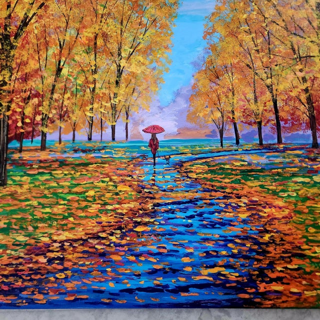 Impressionist style original oil painting on canvas, done with a pallet knife, vibrantly colored street scene of a lone...