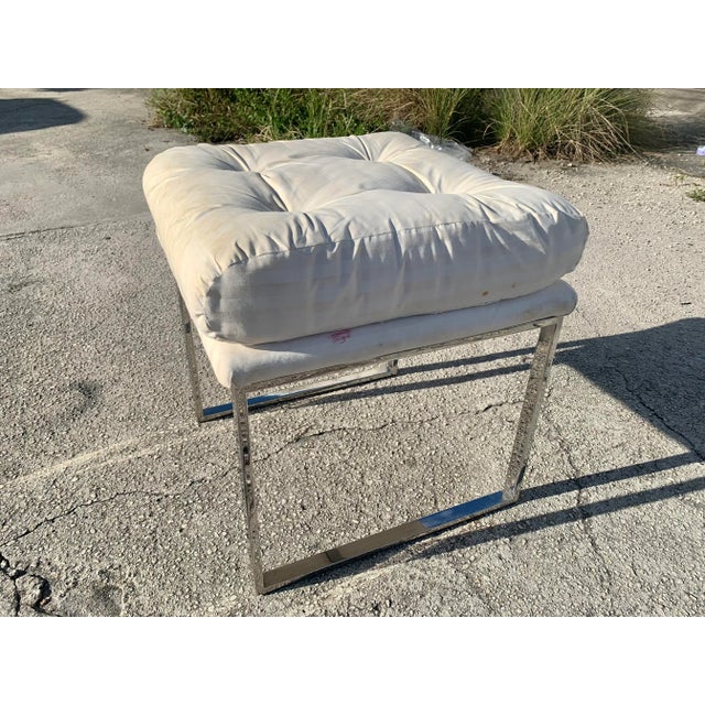 Metal Milo Baughman Style Chrome Upholstered Stool For Sale - Image 7 of 13
