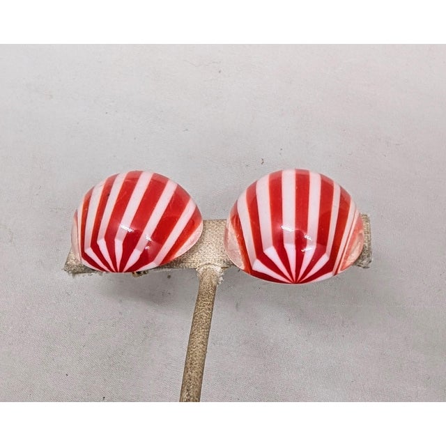 1970s Vintage 1970s Signed Crown Trifari Round Domed Clear, Red & White Striped Clip Earrings-2 Pieces For Sale - Image 5 of 7