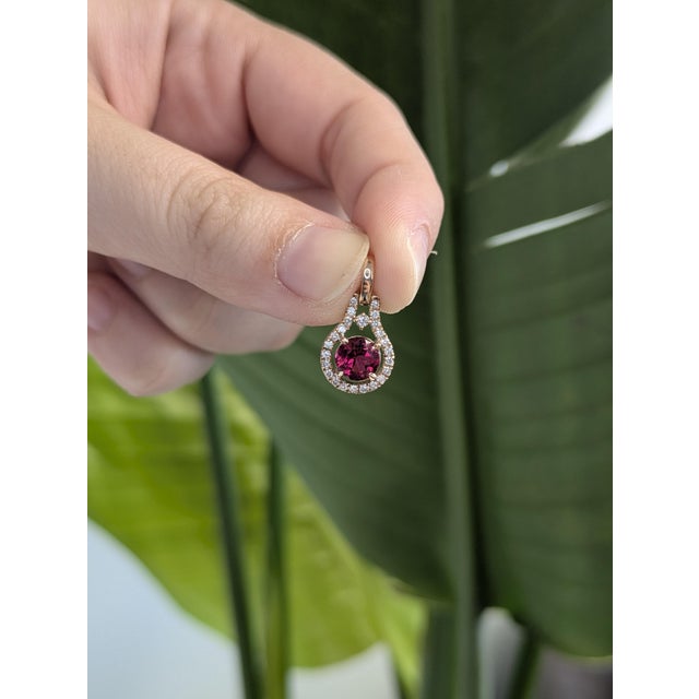 Modern Dainty Rubellite Tourmaline & Natural Diamond Halo Pendant: Solid 14k Gold, 6mm For Sale - Image 3 of 8