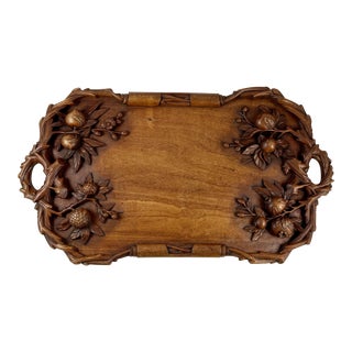 19th C Rustic Black Forest Hand Carved Walnut Branching Fruit Serving Tray For Sale