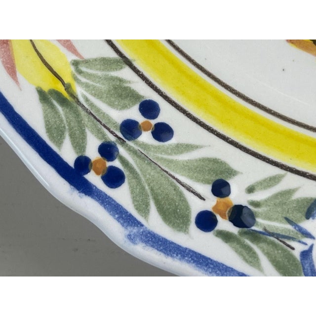 Yellow Vintage Hb Quimper Hand Painted Rooster Plate | French Faience Coq, Brittany Pottery For Sale - Image 8 of 9
