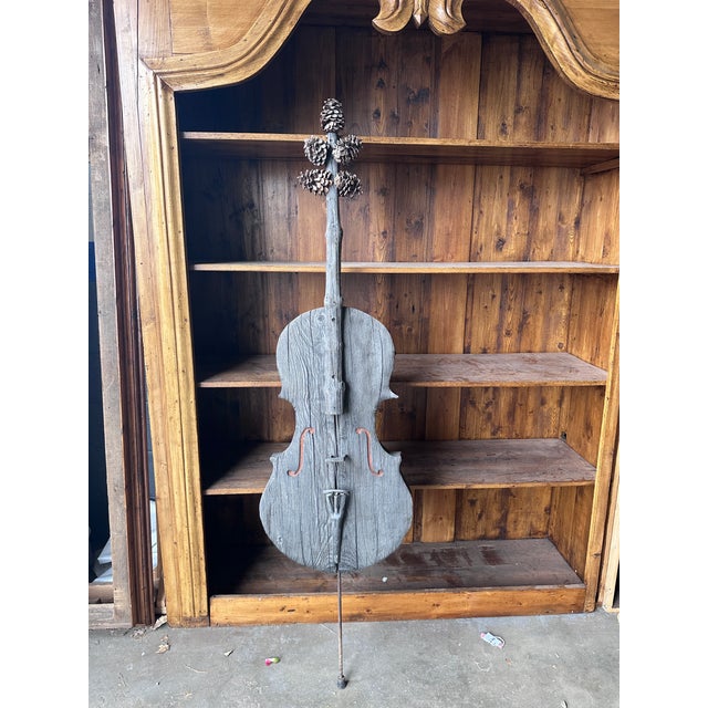 Large 67" Hand-Carved Wooden Cello Sculpture With Pinecone Tuning Pegs – Folk Art For Sale - Image 11 of 16