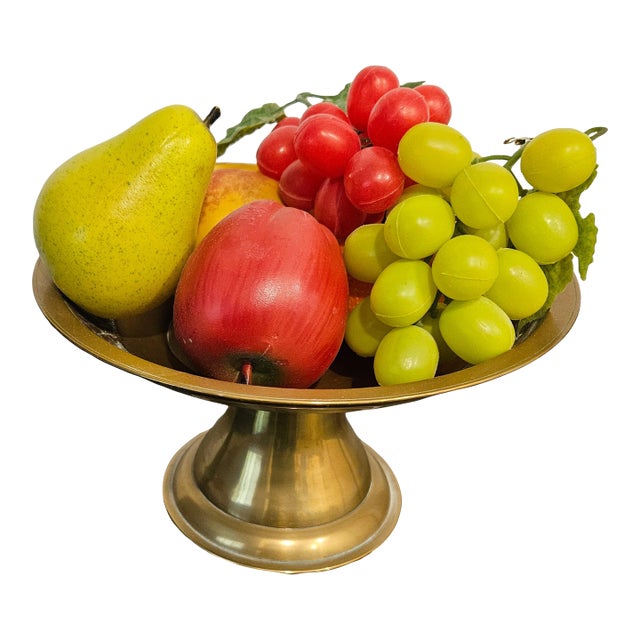 Vintage 1960s Korean Brass Compote Serving Bowl W Cranes in Relief & Decorative Fruit For Sale