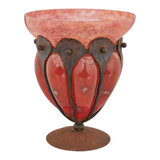 Early 20th Century French Wrought Iron Mounted Art Glass Vase For Sale