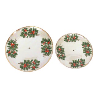 Japan Ucagco 1960 Christmas Iridescent Holly Cookie Plate Stacked Tier - Set of 2 Plates For Sale