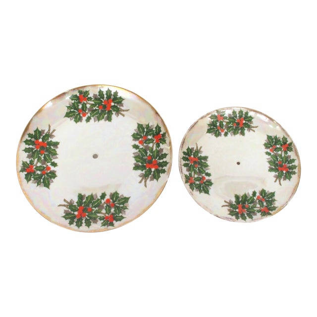 Japan Ucagco 1960 Christmas Iridescent Holly Cookie Plate Stacked Tier - Set of 2 Plates For Sale